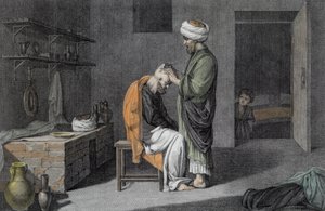 Frisören, från Volym II Arts and Trades av "Beskrivning av Egypten", graverad av Etienne Frederic Lignon (1779-1833) pub. under order av Napoleon, 1822 (senare färgläggning)